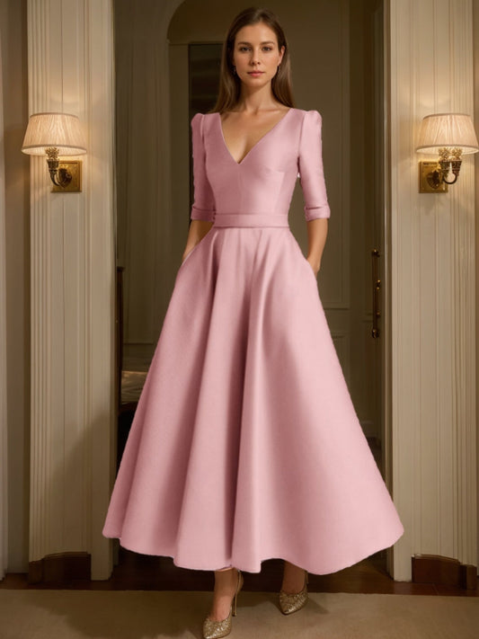 V-Neck Satin Mother of the Bride Dresses Half Sleeves Ankle-Length Formal Dresses