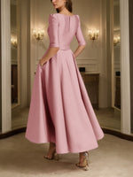V-Neck Satin Mother of the Bride Dresses Half Sleeves Ankle-Length Formal Dresses