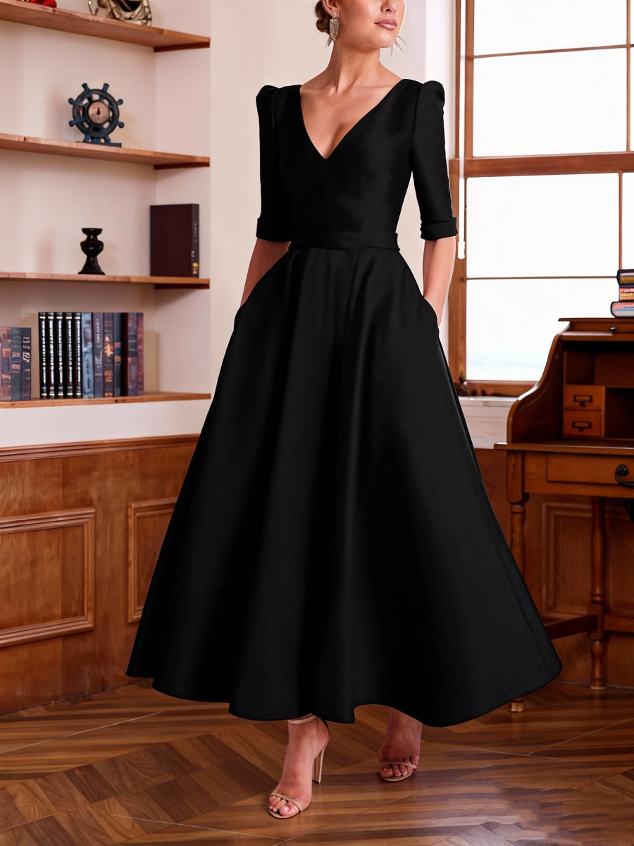 V-Neck Satin Mother of the Bride Dresses Half Sleeves Ankle-Length Formal Dresses