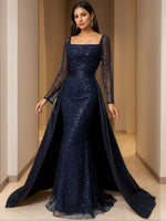 Square Collar Sequins Mother of the Bride Dresses Detachable Satin Long Sleeves Floor-Length