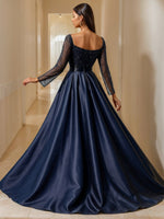 Square Collar Sequins Mother of the Bride Dresses Detachable Satin Long Sleeves Floor-Length