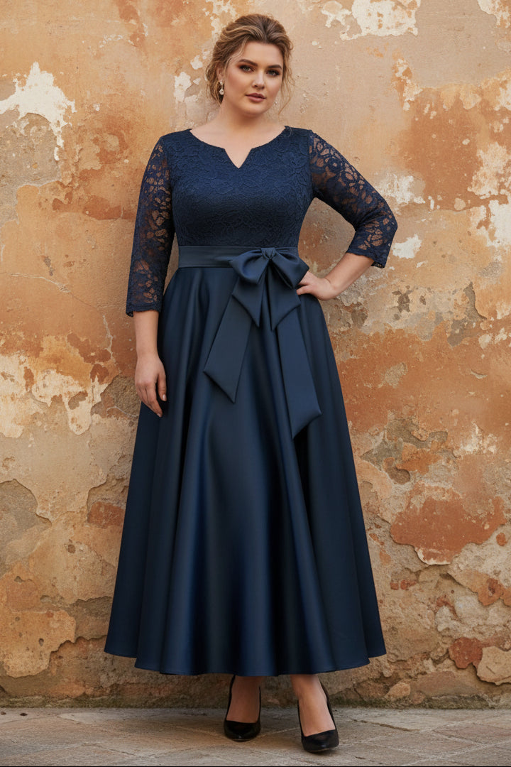 V-Neck Satin Plus Size Mother of the Bride Dresses Lace 3/4 Sleeves Ankle-Length Bow