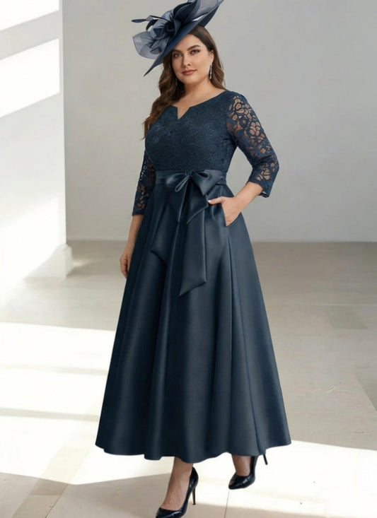V-Neck Satin Plus Size Mother of the Bride Dresses Lace 3/4 Sleeves Ankle-Length Bow