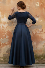 V-Neck Satin Plus Size Mother of the Bride Dresses Lace 3/4 Sleeves Ankle-Length Bow