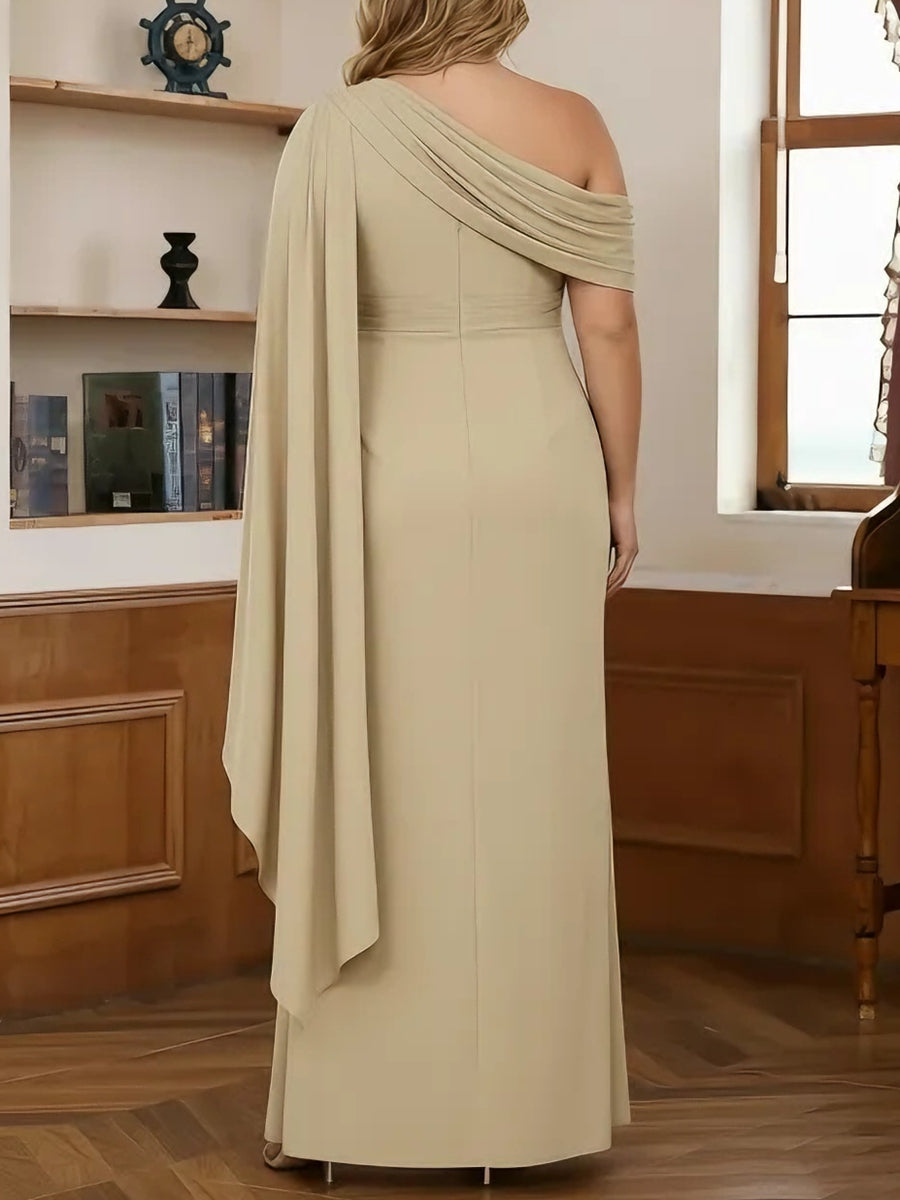 One-Shoulder Chiffon Plus Size Mother of the Bride Dresses Floor-Length Sleeveless with Pleats Ruffles