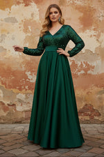 V-Neck Satin Plus Size Mother of the Bride Dresses Sequins Pocket Long Sleeves Floor-Length