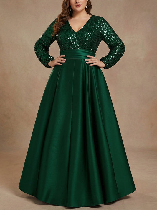 V-Neck Satin Plus Size Mother of the Bride Dresses Sequins Pocket Long Sleeves Floor-Length
