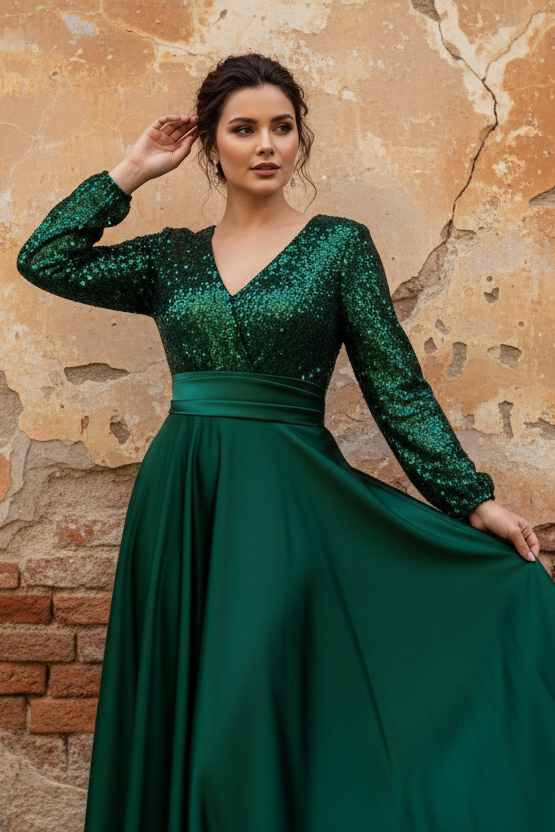 V-Neck Satin Plus Size Mother of the Bride Dresses Sequins Pocket Long Sleeves Floor-Length