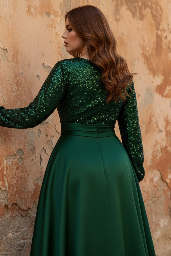V-Neck Satin Plus Size Mother of the Bride Dresses Sequins Pocket Long Sleeves Floor-Length