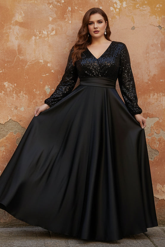 V-Neck Satin Plus Size Mother of the Bride Dresses Sequins Pocket Long Sleeves Floor-Length