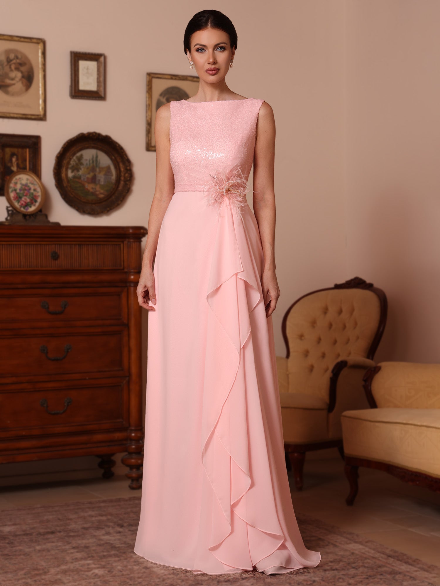 Cowl Neck Chiffon Mother of the Bride Dresses Sequins Floor-Length Sleeveless Ruffles