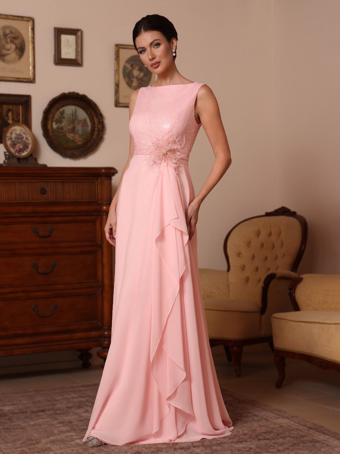 Cowl Neck Chiffon Mother of the Bride Dresses Sequins Floor-Length Sleeveless Ruffles