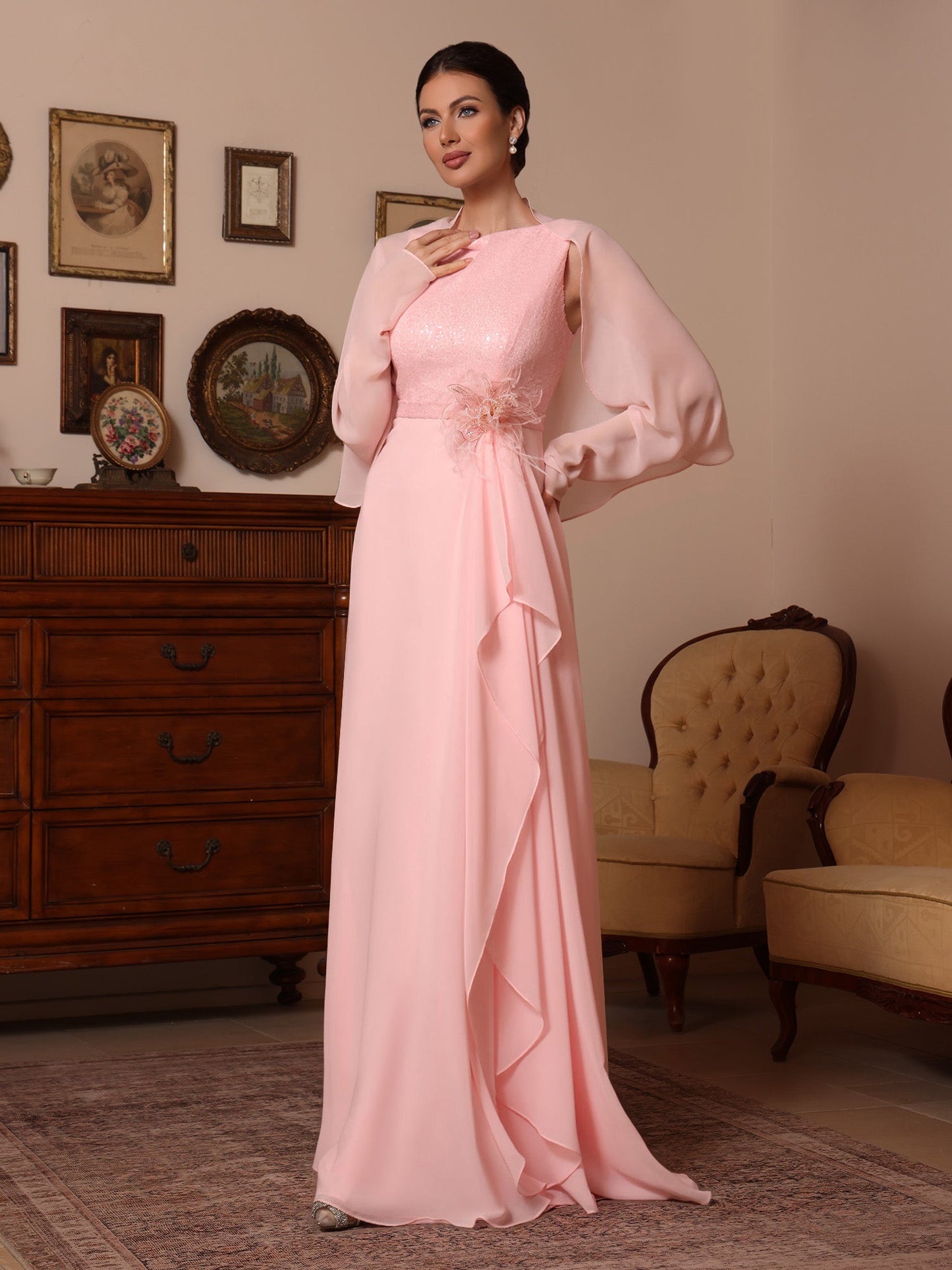 Cowl Neck Chiffon Mother of the Bride Dresses Sequins Floor-Length Sleeveless Ruffles