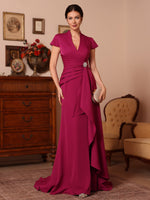 V-Neck Stretch Satin Mother of the Bride Dresses Floor-Length Sweep Train Cap Sleeves Ruffles