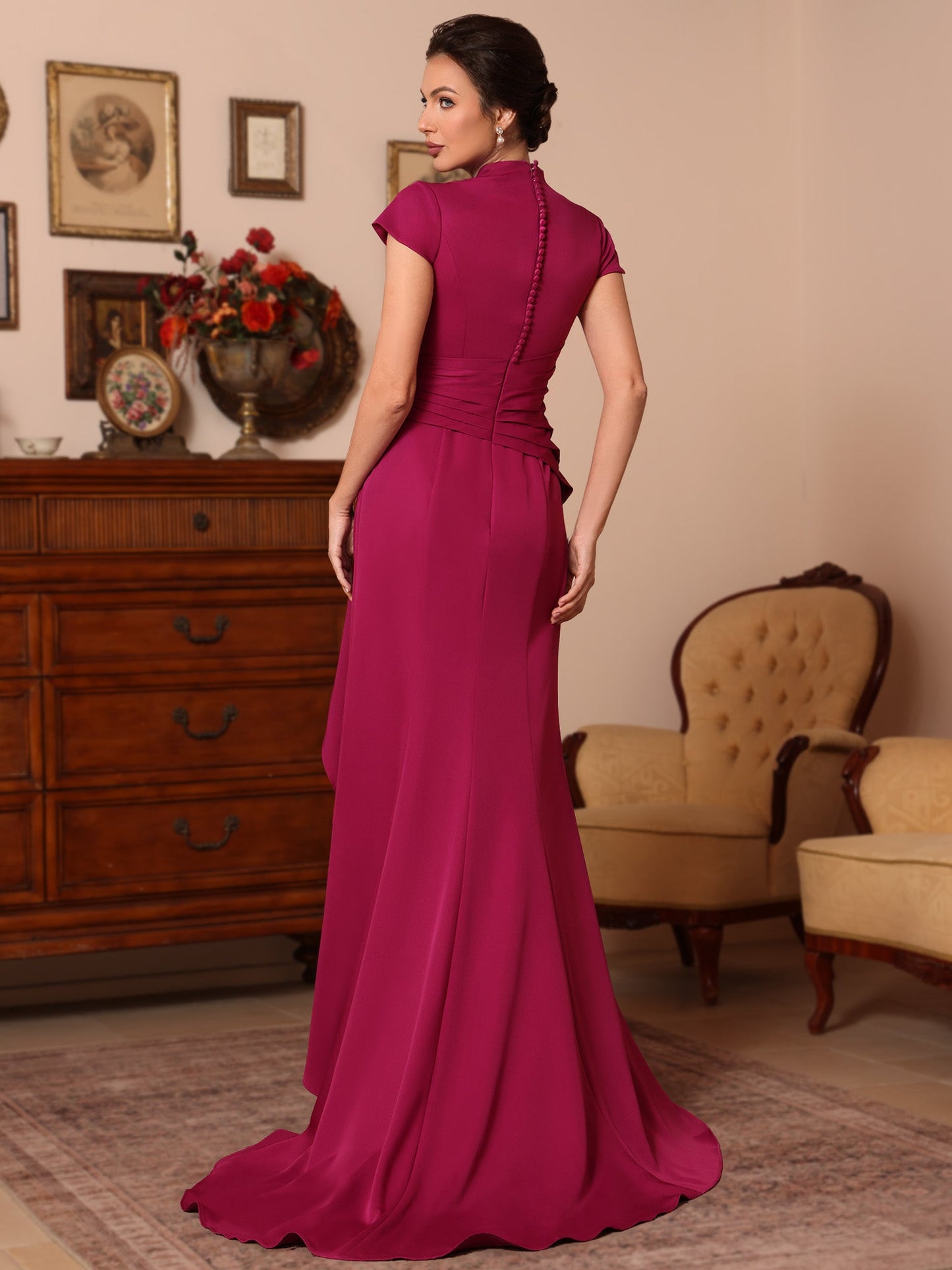 V-Neck Stretch Satin Mother of the Bride Dresses Floor-Length Sweep Train Cap Sleeves Ruffles