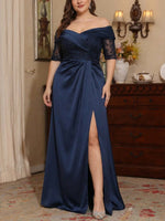 Off-the-Shoulder Satin Plus Size Mother of the Bride Dresses Lace Half Sleeves Floor-Length with Split Side