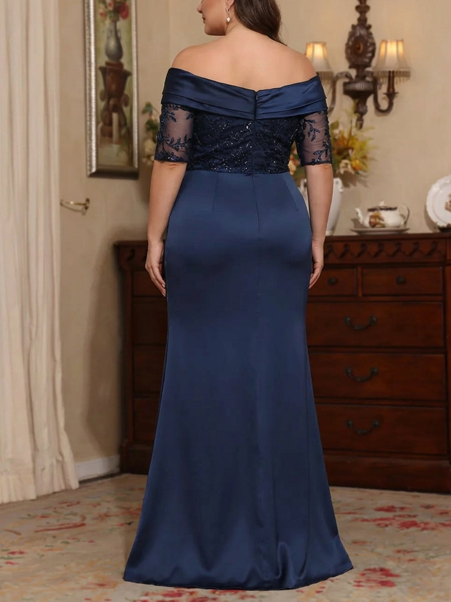 Off-the-Shoulder Satin Plus Size Mother of the Bride Dresses Lace Half Sleeves Floor-Length with Split Side