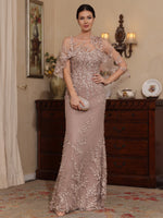 2 Pieces Scoop Lace Mother of the Bride Dresses with Wrap Beading Half Sleeves Floor-Length