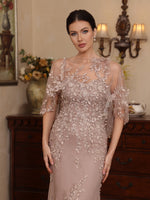 2 Pieces Scoop Lace Mother of the Bride Dresses with Wrap Beading Half Sleeves Floor-Length