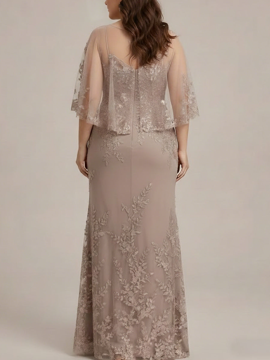 2 Pieces Sheath/Column Scoop Lace Plus Size Mother of the Bride Dresses Half Sleeves Floor-Length