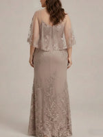 2 Pieces Sheath/Column Scoop Lace Plus Size Mother of the Bride Dresses Half Sleeves Floor-Length