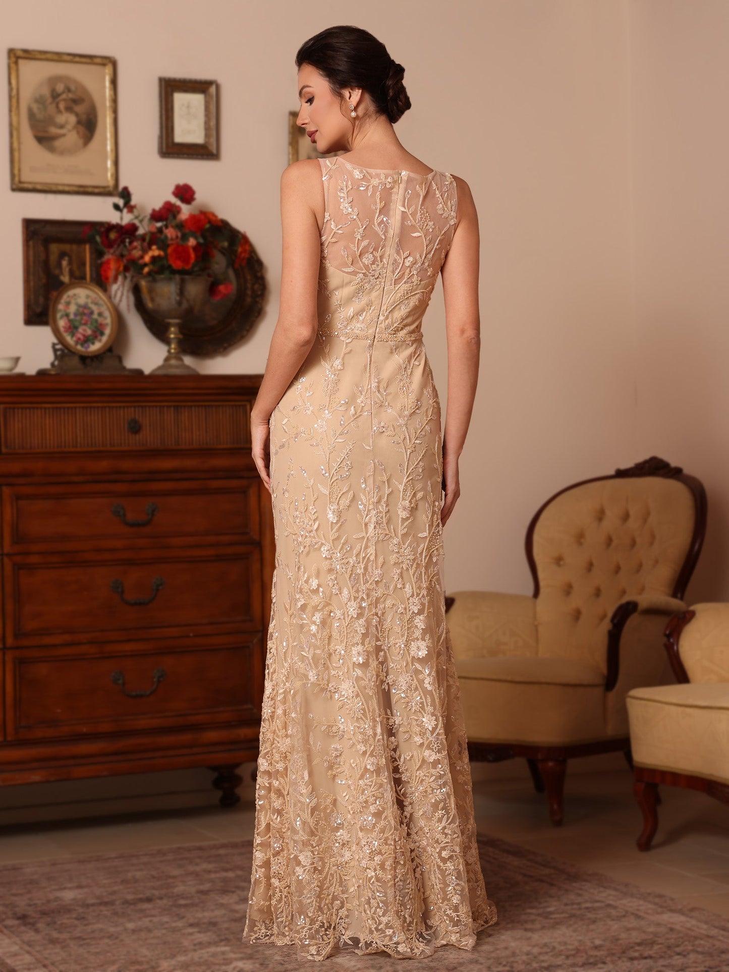 2 Pieces Lace Mother of the Bride Dresses with Shawl Scoop Beading Sleeveless Floor-Length