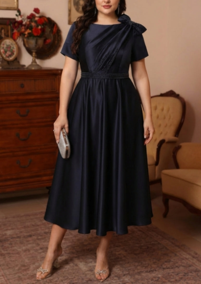 Scoop Satin Plus Size Mother of the Bride Dresses Tea-Length Short Sleeves Beading Bowknot