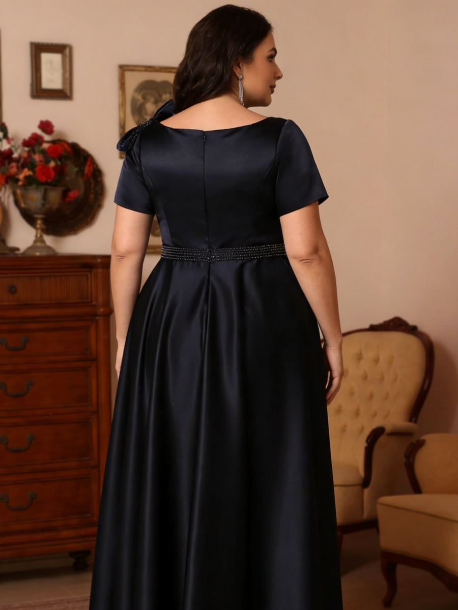 Scoop Satin Plus Size Mother of the Bride Dresses Tea-Length Short Sleeves Beading Bowknot