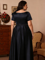 Scoop Satin Plus Size Mother of the Bride Dresses Tea-Length Short Sleeves Beading Bowknot