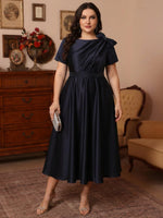 Scoop Satin Plus Size Mother of the Bride Dresses Tea-Length Short Sleeves Beading Bowknot