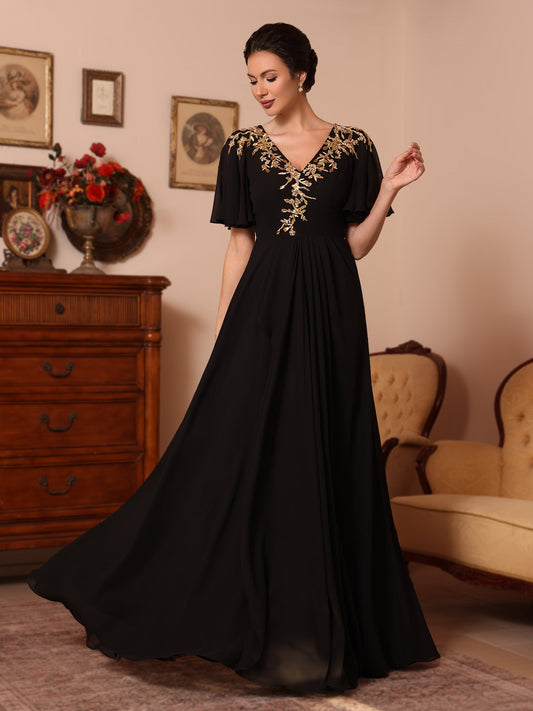 V-Neck Chiffon Mother of the Bride Dresses Appliques Floor-Length Short Sleeves Ruffles