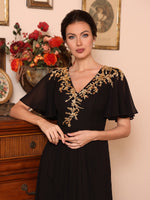 V-Neck Chiffon Mother of the Bride Dresses Appliques Floor-Length Short Sleeves Ruffles