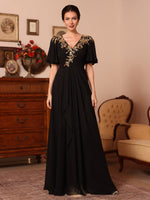 V-Neck Chiffon Mother of the Bride Dresses Appliques Floor-Length Short Sleeves Ruffles
