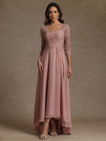 Square Collar Mother of the Bride Dresses 3/4 Sleeves Chiffon Lace High-Low Asymmetrical Floor-Length
