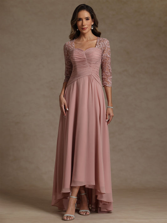 Square Collar Mother of the Bride Dresses 3/4 Sleeves Chiffon Lace High-Low Asymmetrical Floor-Length