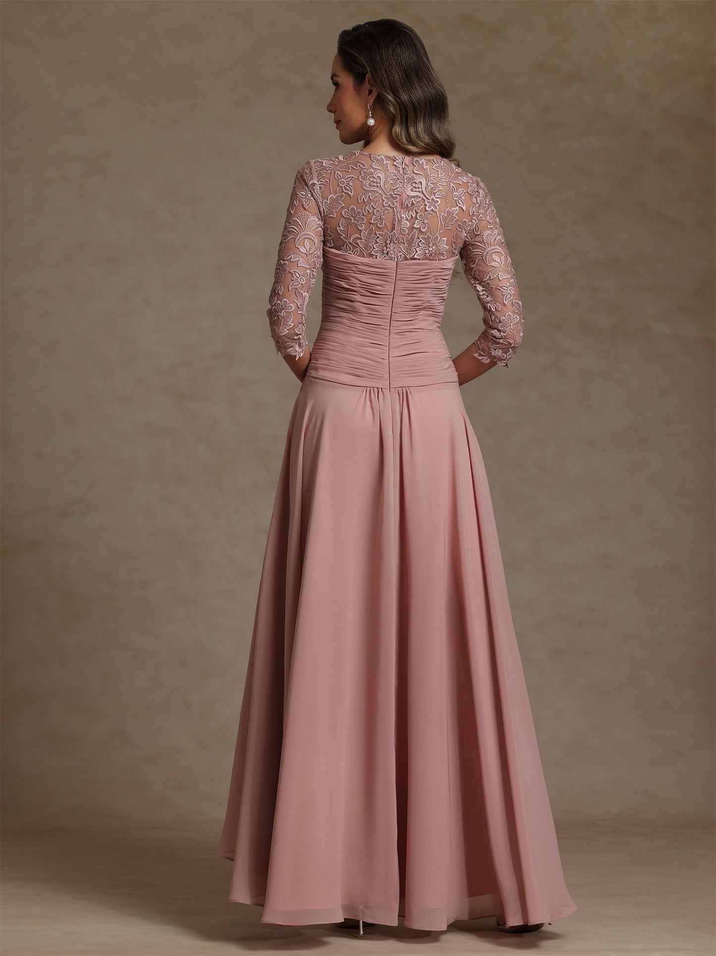 Square Collar Mother of the Bride Dresses 3/4 Sleeves Chiffon Lace High-Low Asymmetrical Floor-Length