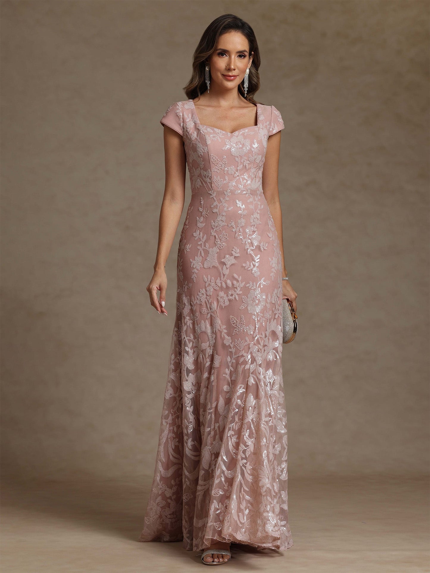 Square Collar Chiffon Mother of the Bride Dresses Floor-Length Lace Sequins Short Sleeves