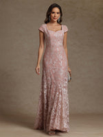 Square Collar Chiffon Mother of the Bride Dresses Floor-Length Lace Sequins Short Sleeves