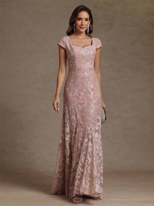 Square Collar Chiffon Mother of the Bride Dresses Floor-Length Lace Sequins Short Sleeves