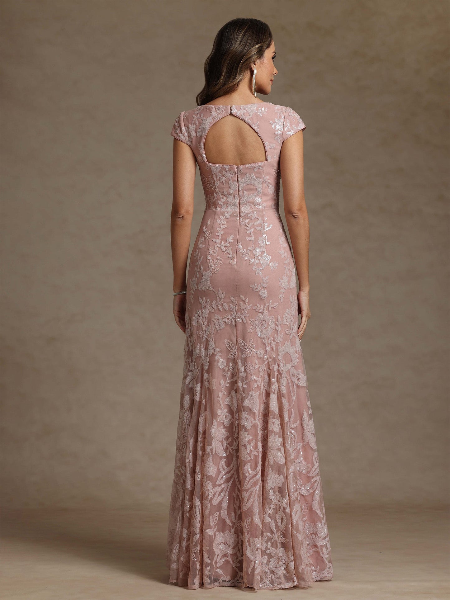 Square Collar Chiffon Mother of the Bride Dresses Floor-Length Lace Sequins Short Sleeves