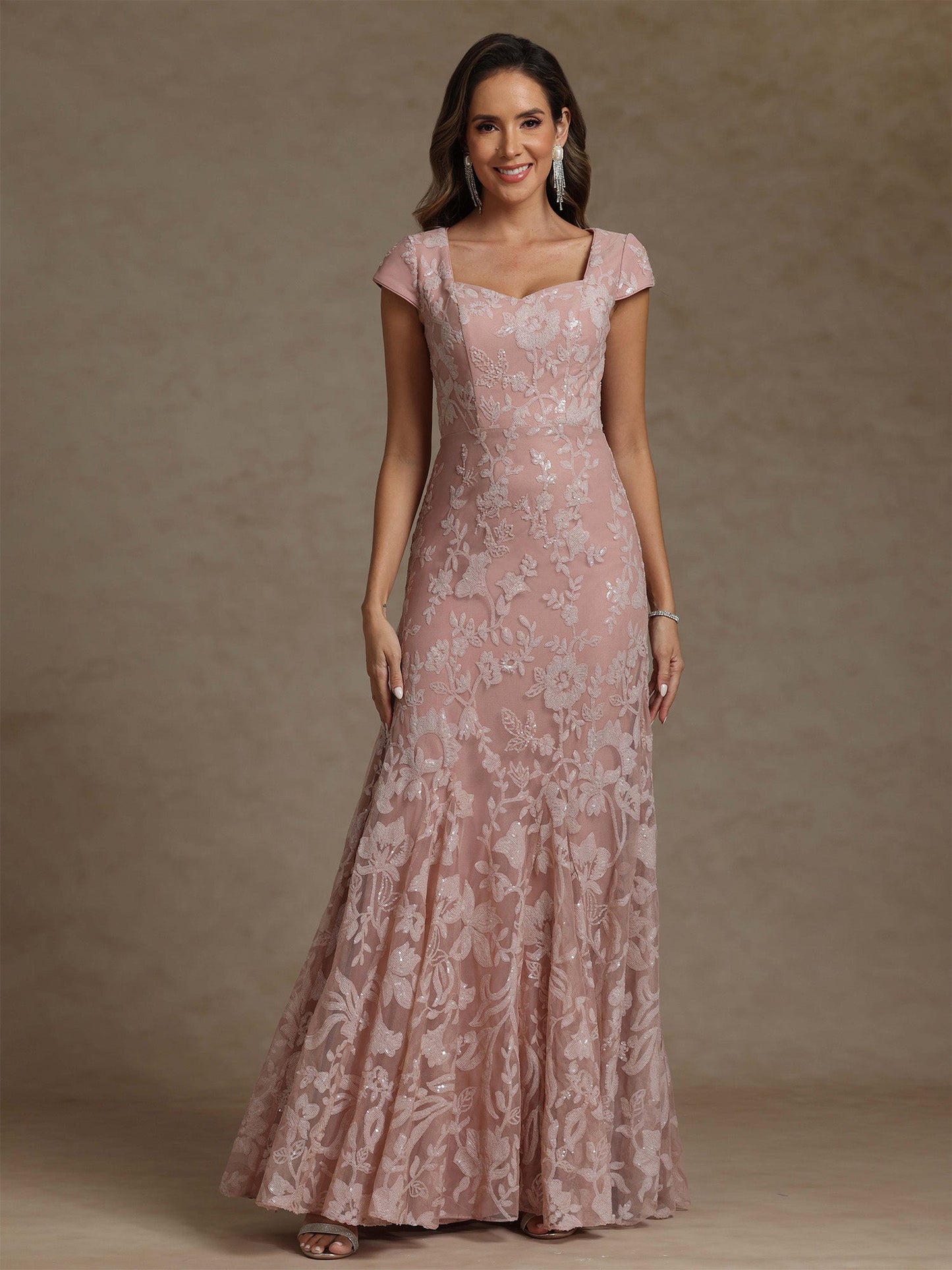 Square Collar Chiffon Mother of the Bride Dresses Floor-Length Lace Sequins Short Sleeves