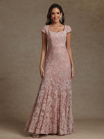 Square Collar Chiffon Mother of the Bride Dresses Floor-Length Lace Sequins Short Sleeves