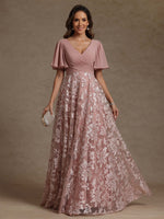 V-Neck Mother of the Bride Dresses Short Sleeves Chiffon Lace Floor-Length Ruched