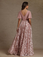 V-Neck Mother of the Bride Dresses Short Sleeves Chiffon Lace Floor-Length Ruched