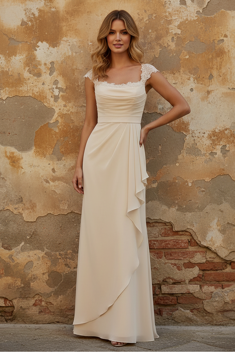 Square Collar Chiffon Mother of the Bride Dresses Floor-Length Ruffles Ruched Sleeveless Lace