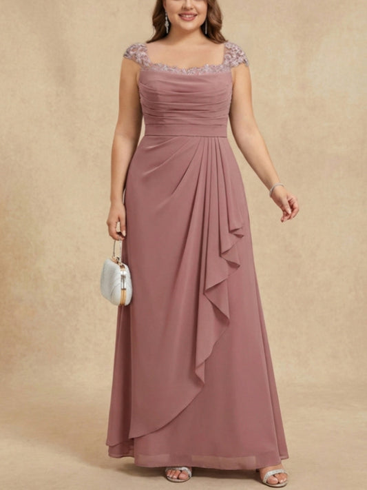 Square Collar Chiffon Plus Size Mother of the Bride Dresses Floor-Length Ruffles Ruched Sleeveless Lace