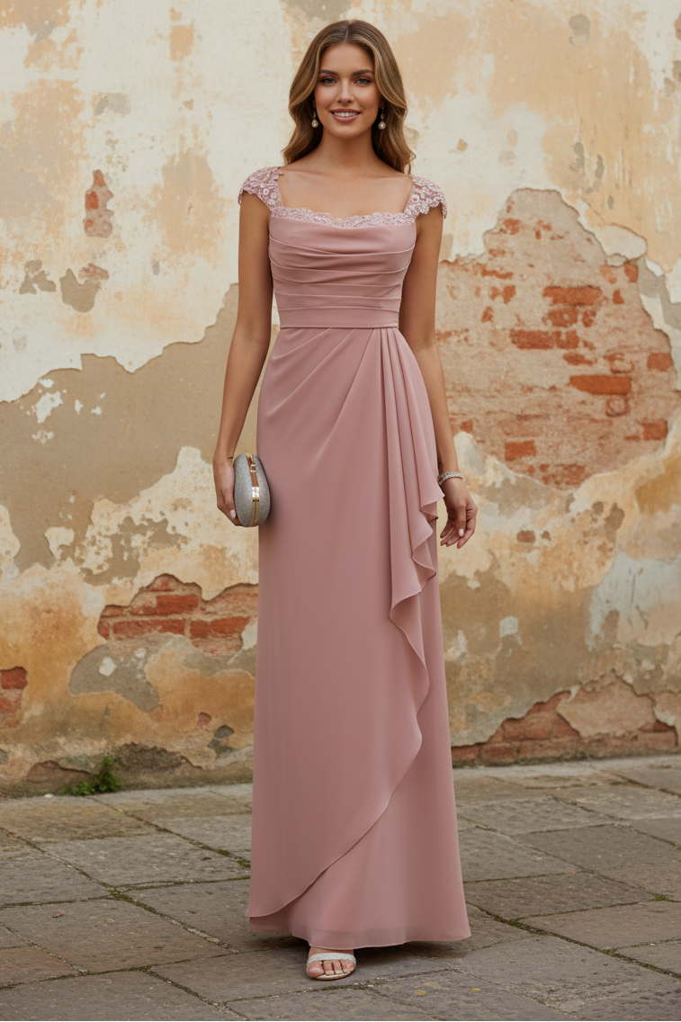 Square Collar Chiffon Mother of the Bride Dresses Floor-Length Ruffles Ruched Sleeveless Lace