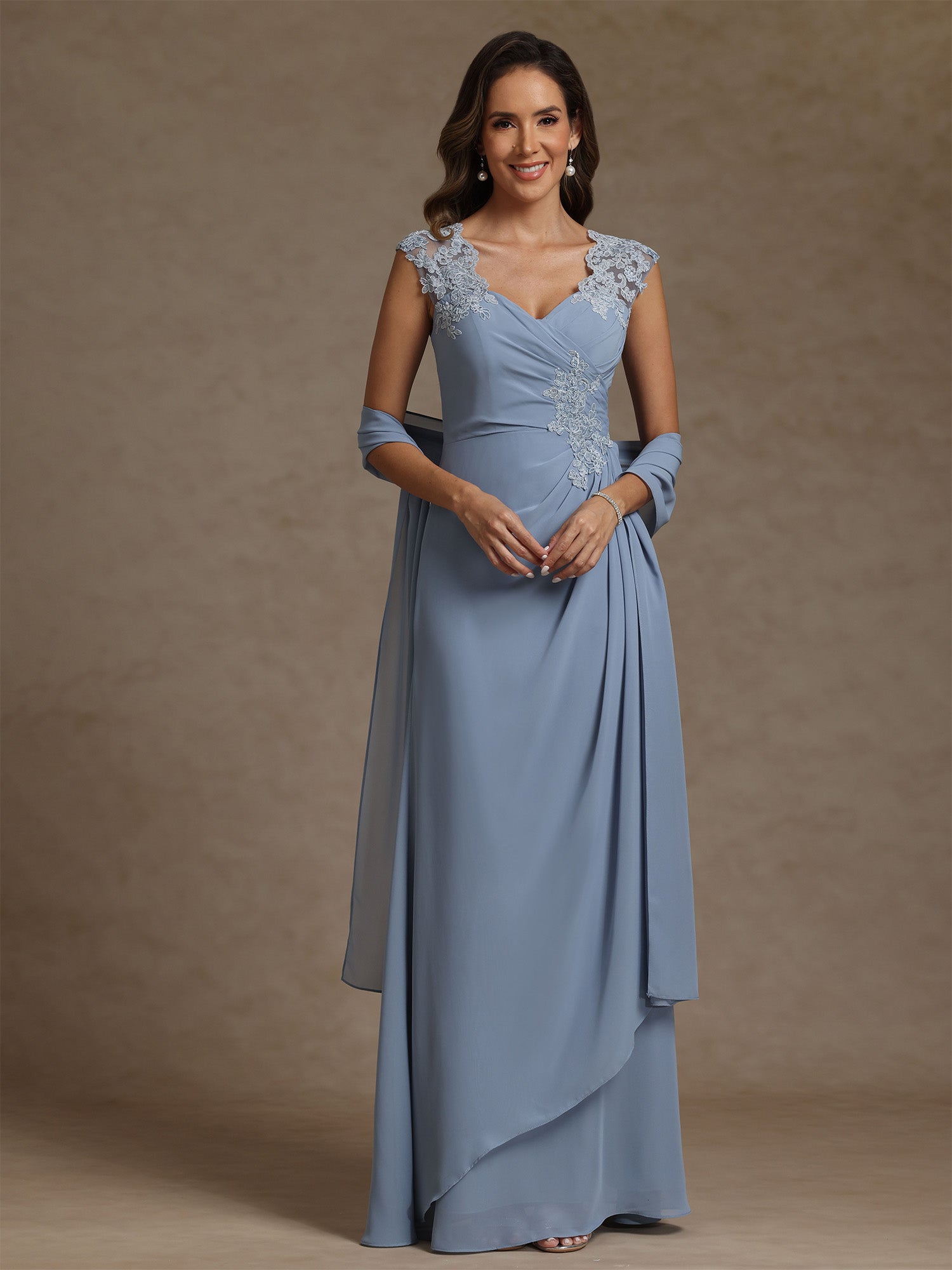 V-Neck Chiffon Mother of the Bride Dresses with Wrap Floor-Length Lace Ruched Ruffles Sleeveless