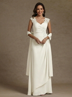 V-Neck Chiffon Mother of the Bride Dresses with Wrap Floor-Length Lace Ruched Ruffles Sleeveless