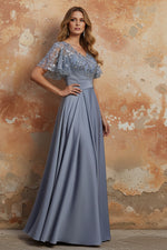 V-Neck Acetate Satin Mother of the Bride Dresses Sequins Floor-Length Short Sleeves Ruched